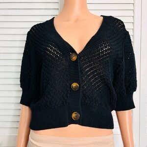 DH NEW YORK Black Cotton Cropped Short Sleeve Cardigan Size Medium